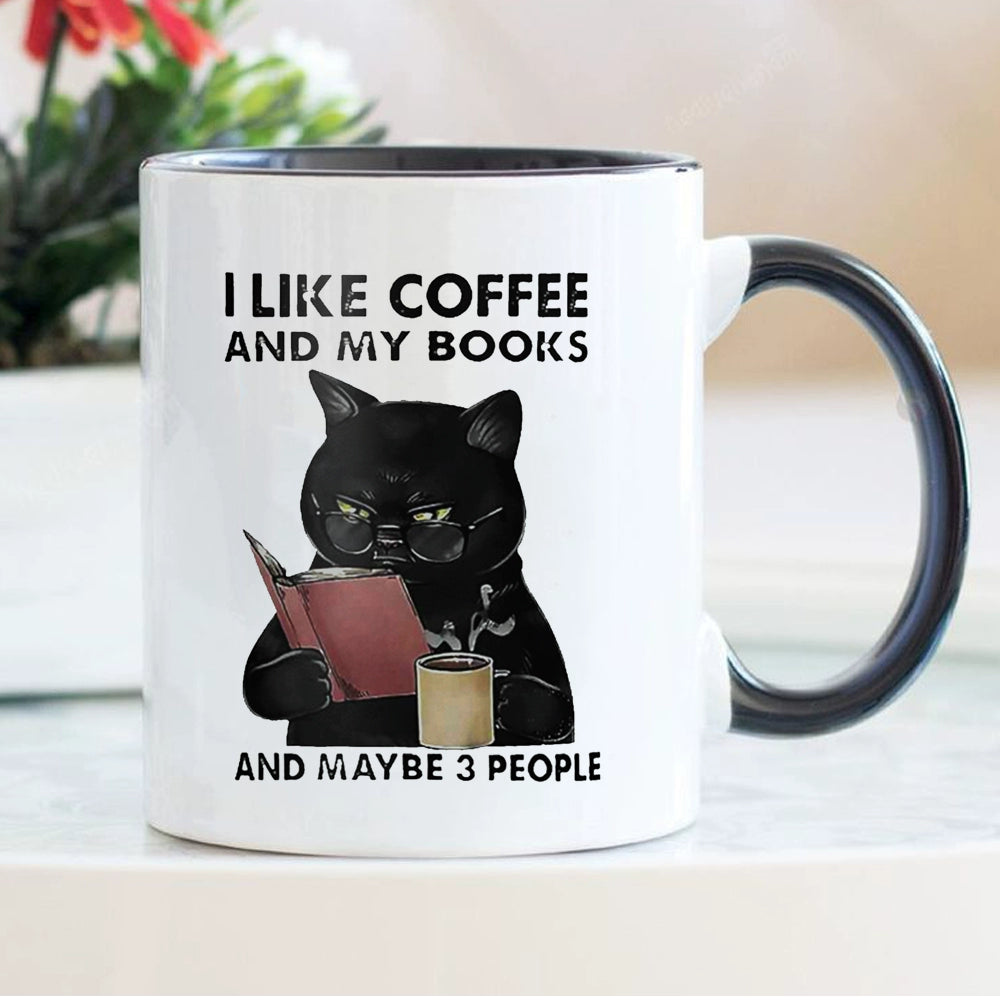 I like Coffee and My Books Cup Cartoon Adult Black Cat Mug Coffee Cup