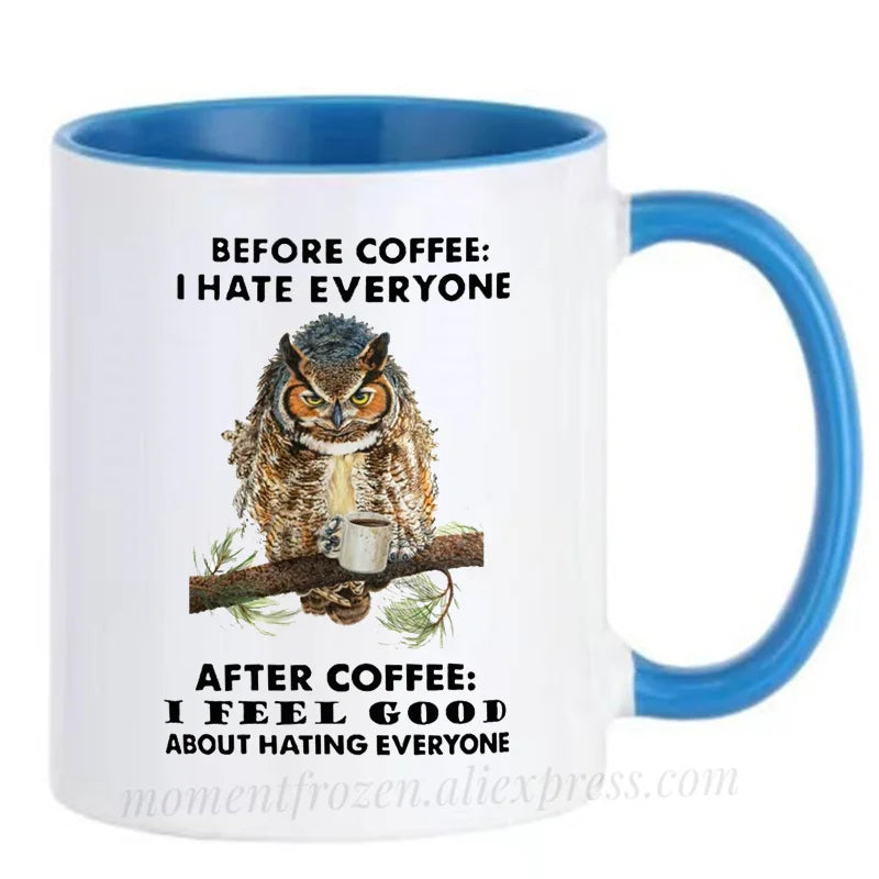 Funny Owl Cups Office Coworker Coffee Mugs Friends Gift Ceramic Beer Drinkware Nature Animal Lover Tea Caffeine Cocoa Coffeeware