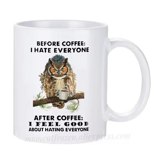 Funny Owl Cups Office Coworker Coffee Mugs Friends Gift Ceramic Beer Drinkware Nature Animal Lover Tea Caffeine Cocoa Coffeeware