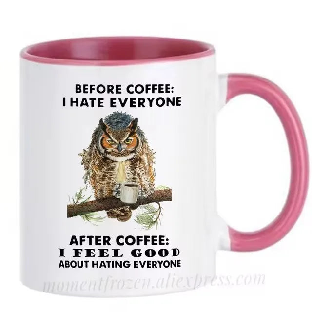 Funny Owl Cups Office Coworker Coffee Mugs Friends Gift Ceramic Beer Drinkware Nature Animal Lover Tea Caffeine Cocoa Coffeeware