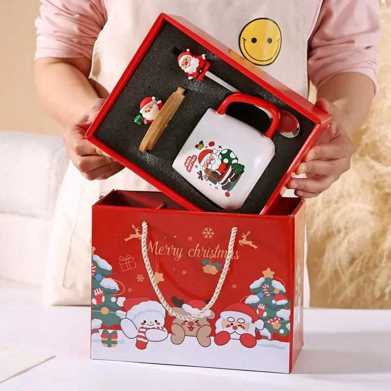 Cute Christmas holiday box with Santa gift mugs with lid spoon Creative gift Claus ceramic cups accompanied by hand gifts