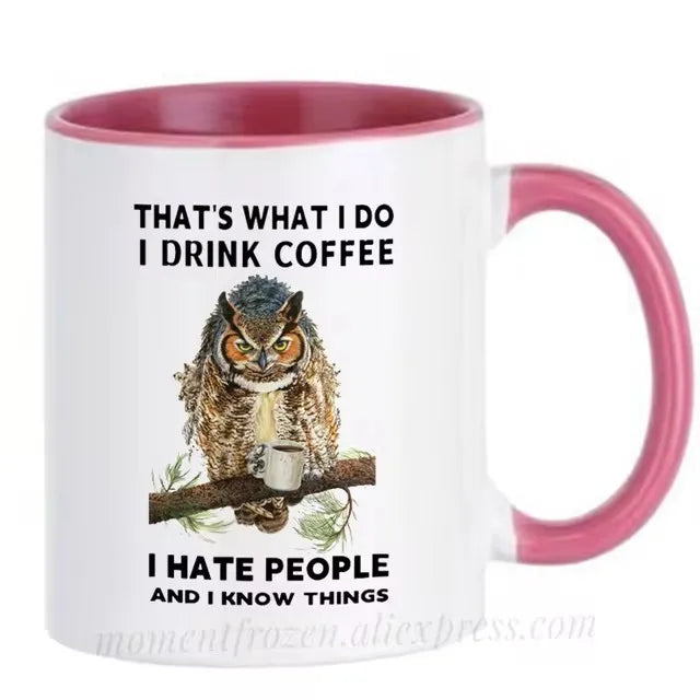 Funny Owl Cups Office Coworker Coffee Mugs Friends Gift Ceramic Beer Drinkware Nature Animal Lover Tea Caffeine Cocoa Coffeeware