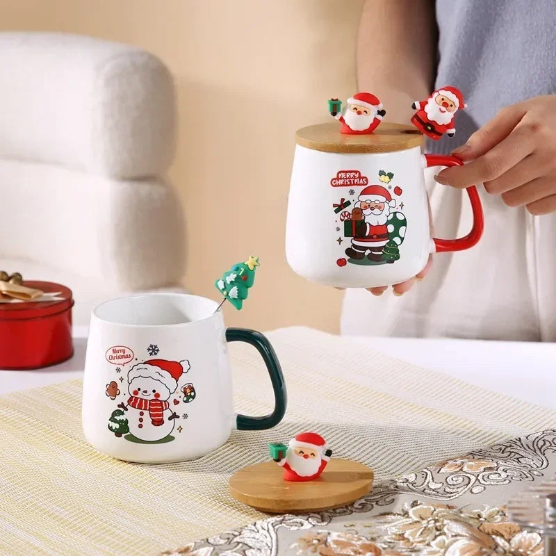 Cute Christmas holiday box with Santa gift mugs with lid spoon Creative gift Claus ceramic cups accompanied by hand gifts