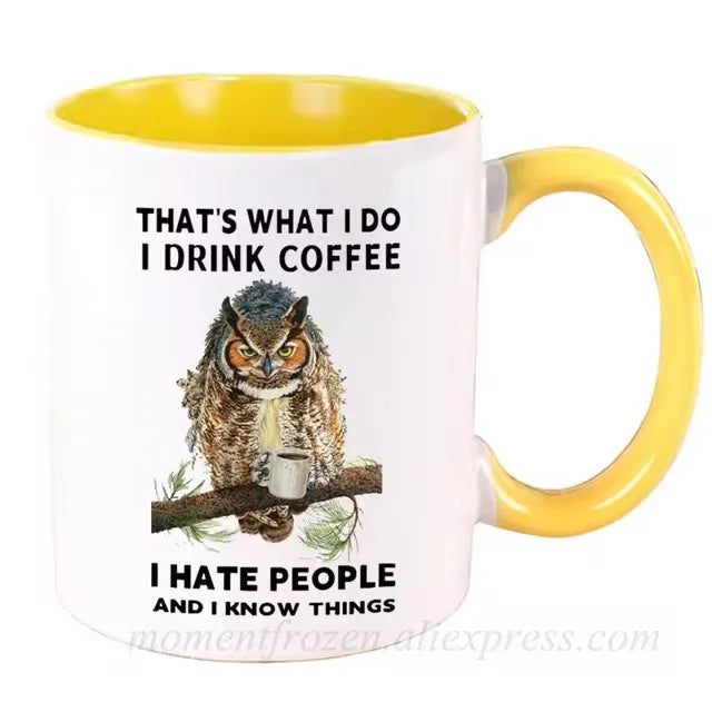 Funny Owl Cups Office Coworker Coffee Mugs Friends Gift Ceramic Beer Drinkware Nature Animal Lover Tea Caffeine Cocoa Coffeeware