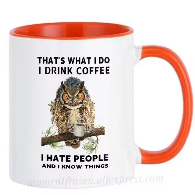 Funny Owl Cups Office Coworker Coffee Mugs Friends Gift Ceramic Beer Drinkware Nature Animal Lover Tea Caffeine Cocoa Coffeeware