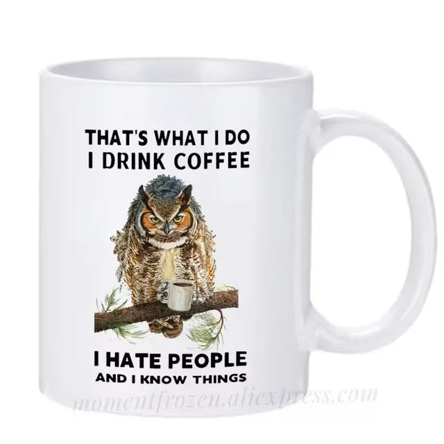 Funny Owl Cups Office Coworker Coffee Mugs Friends Gift Ceramic Beer Drinkware Nature Animal Lover Tea Caffeine Cocoa Coffeeware