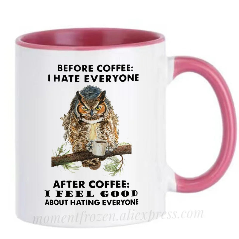 Funny Owl Cups Office Coworker Coffee Mugs Friends Gift Ceramic Beer Drinkware Nature Animal Lover Tea Caffeine Cocoa Coffeeware
