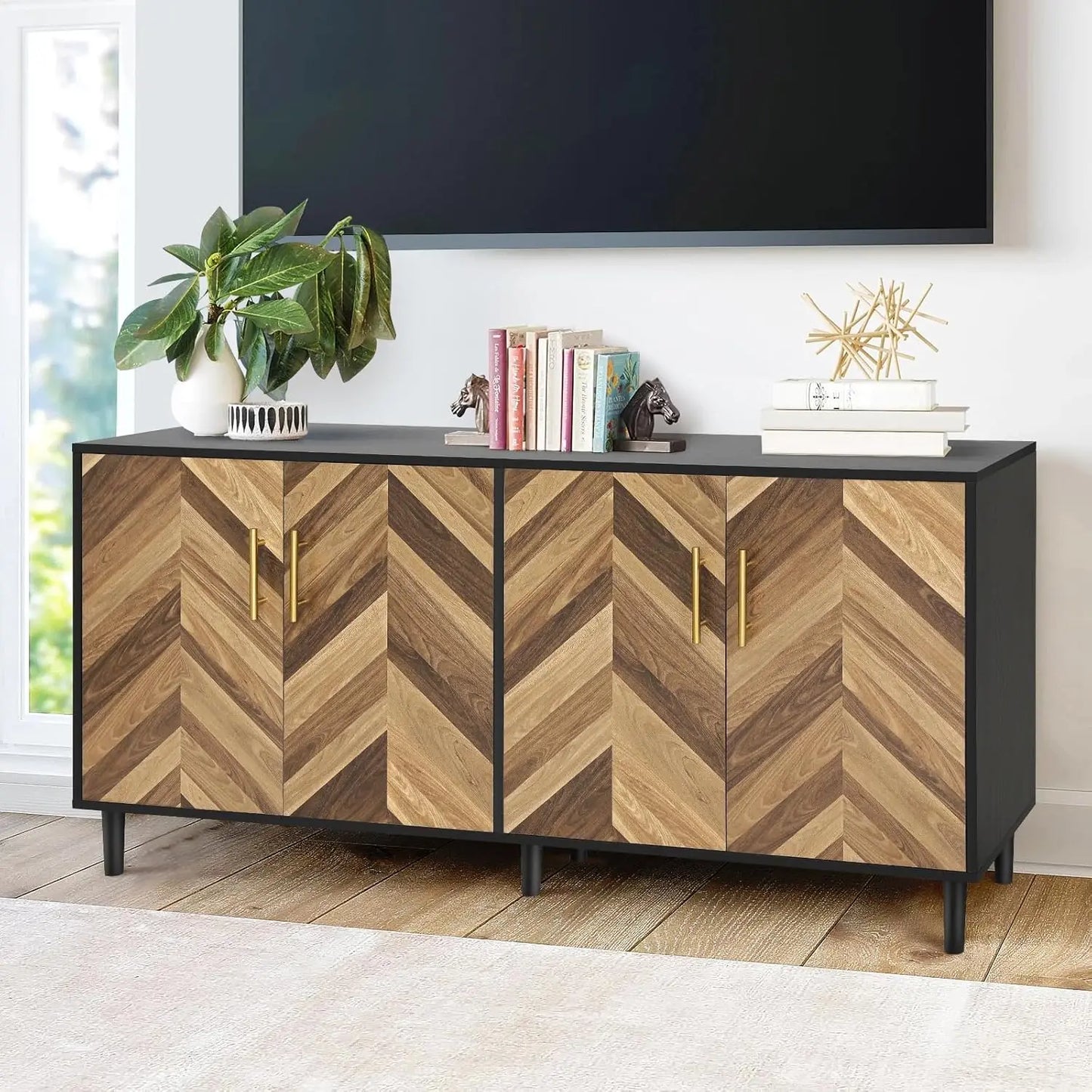 Modern Sideboard Buffet Cabinet 58" with 4 Doors, Long Coffee Bar Credenza Storage Cabinet with Adjustable Shelves, Console Tabl