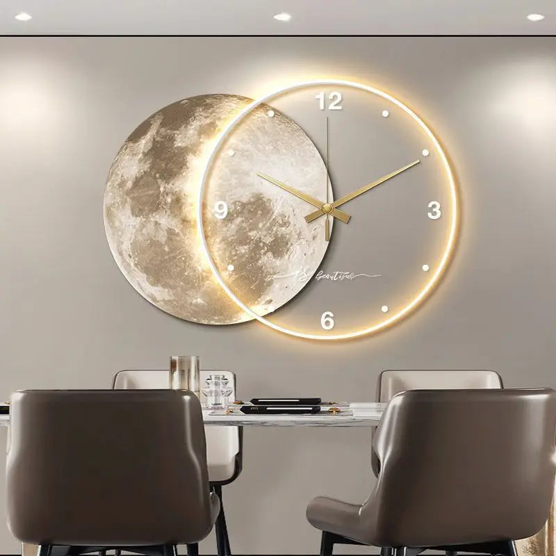 Large Dining Room Living Room Wall Clock Luxury Moon The Earth Modelling LED Light Silent Movement Bedroom Wall Decoration Gift