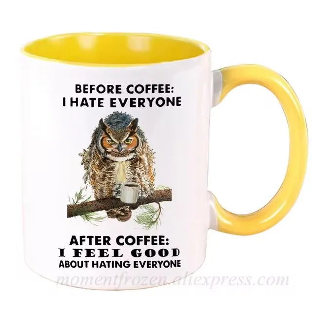 Funny Owl Cups Office Coworker Coffee Mugs Friends Gift Ceramic Beer Drinkware Nature Animal Lover Tea Caffeine Cocoa Coffeeware