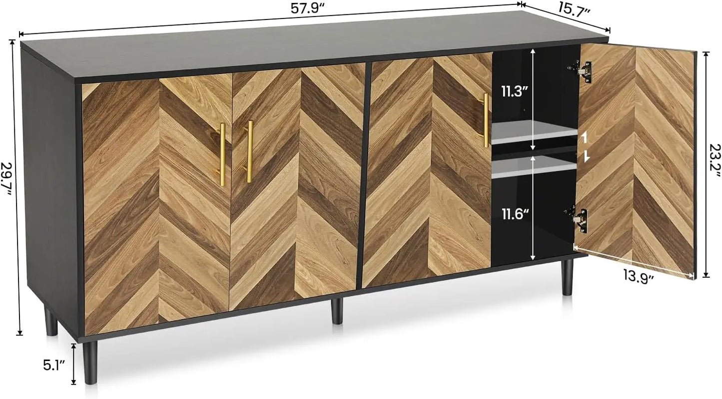 Modern Sideboard Buffet Cabinet 58" with 4 Doors, Long Coffee Bar Credenza Storage Cabinet with Adjustable Shelves, Console Tabl