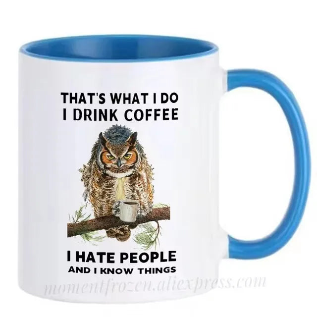 Funny Owl Cups Office Coworker Coffee Mugs Friends Gift Ceramic Beer Drinkware Nature Animal Lover Tea Caffeine Cocoa Coffeeware