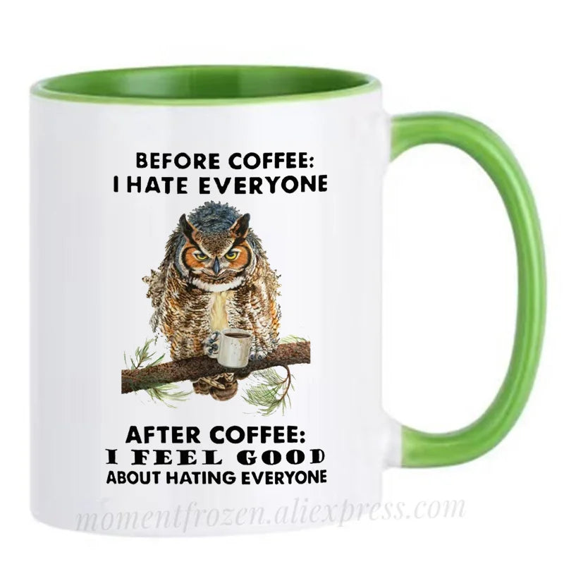 Funny Owl Cups Office Coworker Coffee Mugs Friends Gift Ceramic Beer Drinkware Nature Animal Lover Tea Caffeine Cocoa Coffeeware