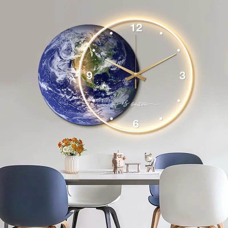 Large Dining Room Living Room Wall Clock Luxury Moon The Earth Modelling LED Light Silent Movement Bedroom Wall Decoration Gift