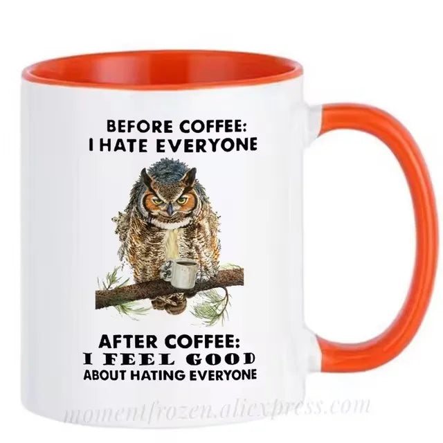 Funny Owl Cups Office Coworker Coffee Mugs Friends Gift Ceramic Beer Drinkware Nature Animal Lover Tea Caffeine Cocoa Coffeeware