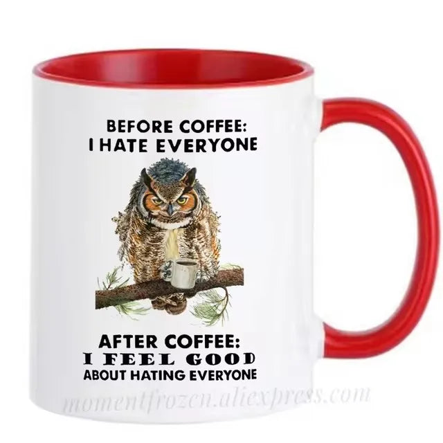 Funny Owl Cups Office Coworker Coffee Mugs Friends Gift Ceramic Beer Drinkware Nature Animal Lover Tea Caffeine Cocoa Coffeeware