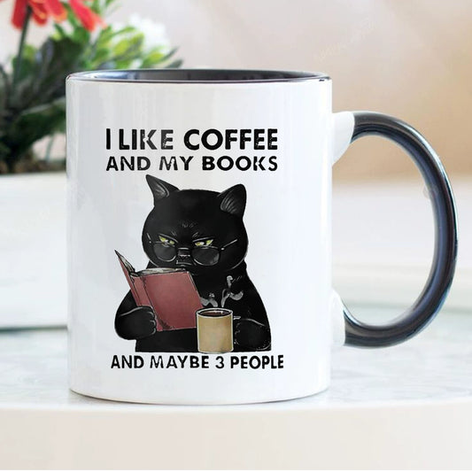 I like Coffee and My Books Cup Cartoon Adult Black Cat Mug Coffee Cup