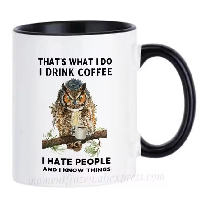 Funny Owl Cups Office Coworker Coffee Mugs Friends Gift Ceramic Beer Drinkware Nature Animal Lover Tea Caffeine Cocoa Coffeeware