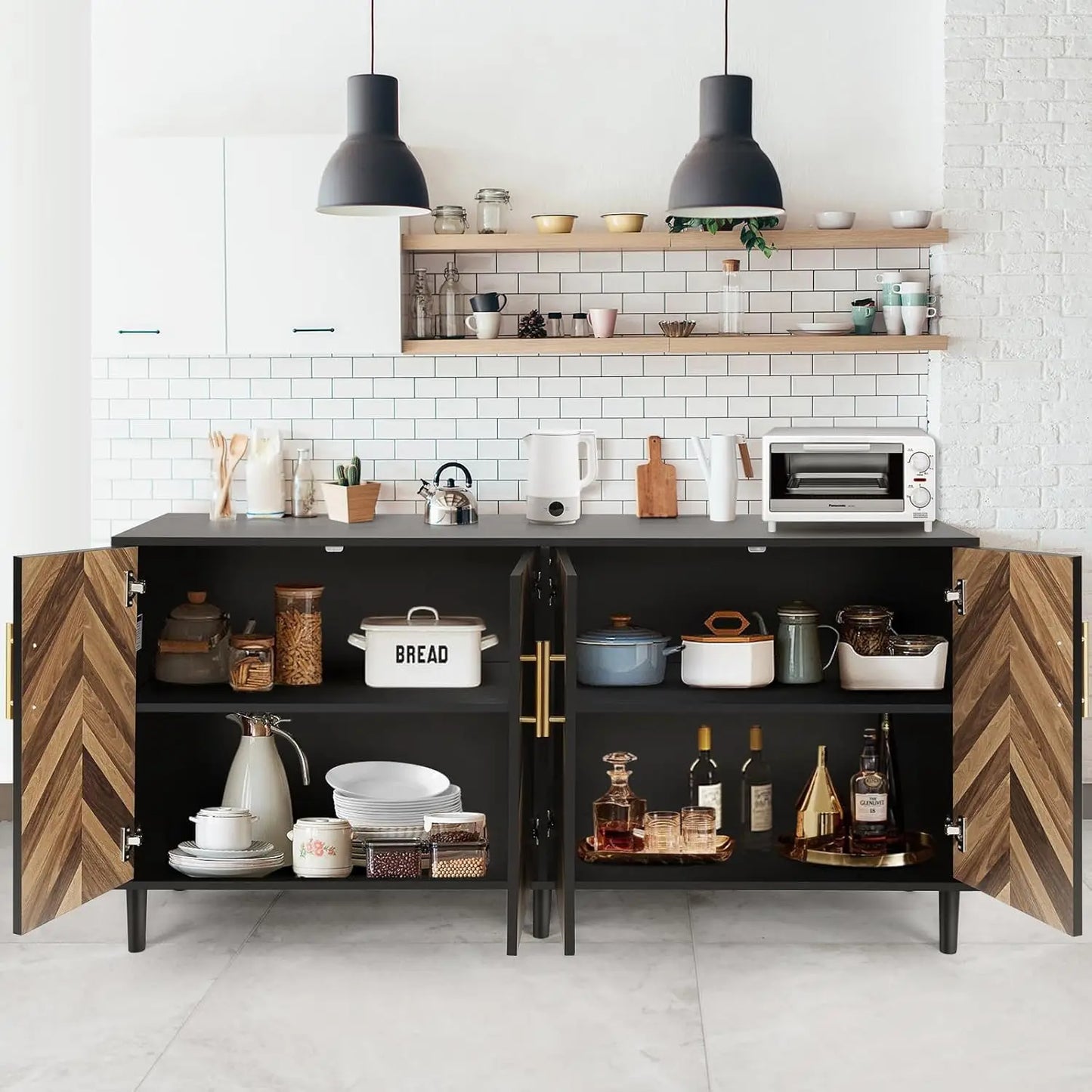 Modern Sideboard Buffet Cabinet 58" with 4 Doors, Long Coffee Bar Credenza Storage Cabinet with Adjustable Shelves, Console Tabl