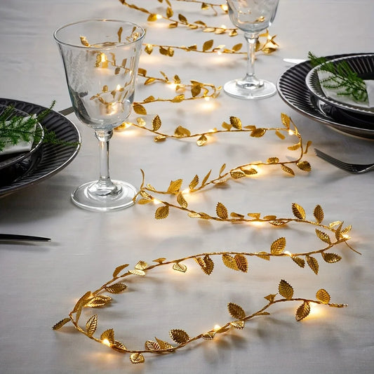 1PC 2M 20LED Golden Tiny Leaves Fairy Light Battery Powerd Led Copper Wire String Lights For Wedding Home Party DIY Xmas Decor