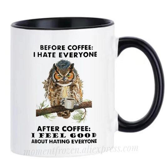 Funny Owl Cups Office Coworker Coffee Mugs Friends Gift Ceramic Beer Drinkware Nature Animal Lover Tea Caffeine Cocoa Coffeeware