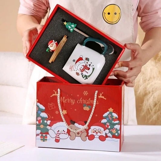 Cute Christmas holiday box with Santa gift mugs with lid spoon Creative gift Claus ceramic cups accompanied by hand gifts