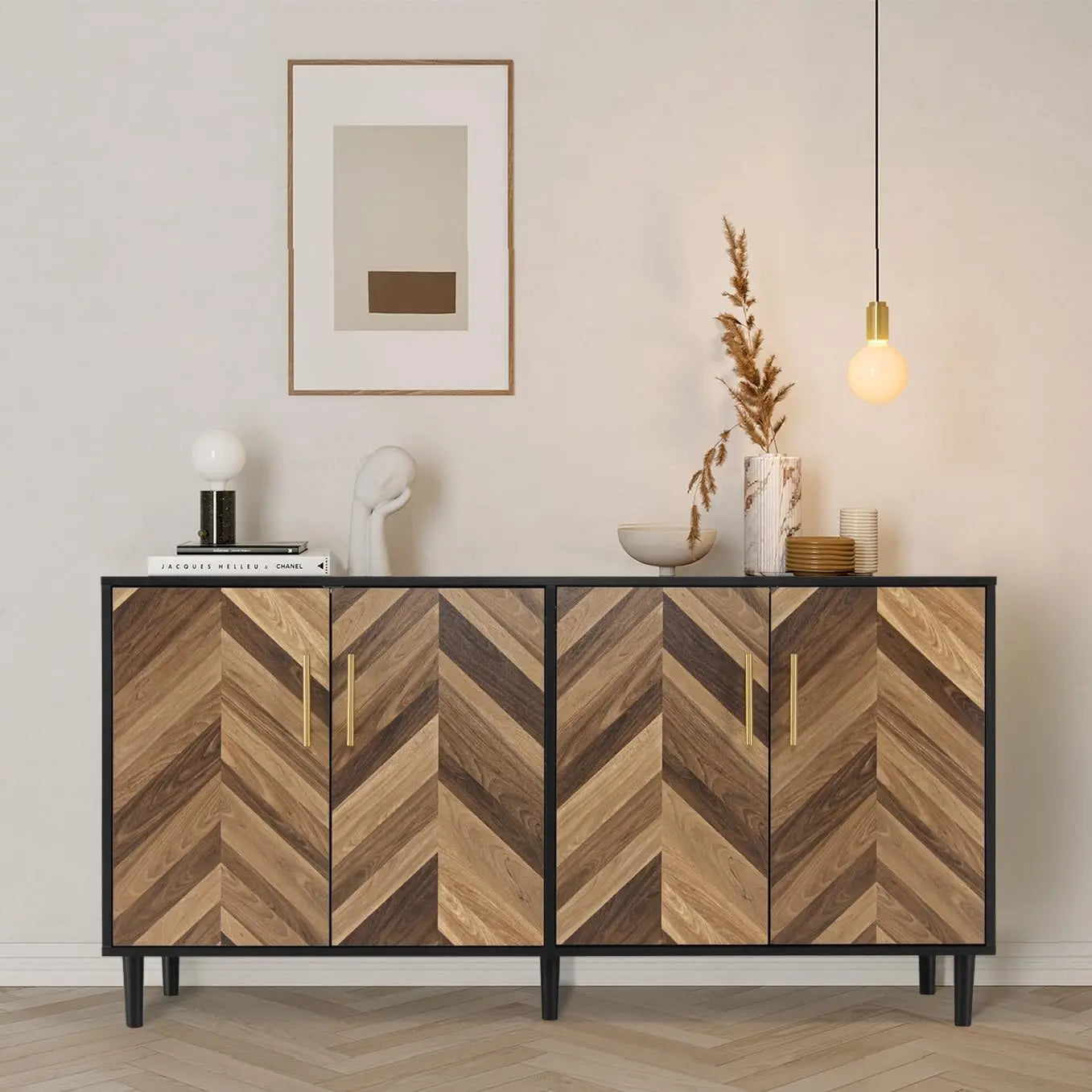 Modern Sideboard Buffet Cabinet 58" with 4 Doors, Long Coffee Bar Credenza Storage Cabinet with Adjustable Shelves, Console Tabl