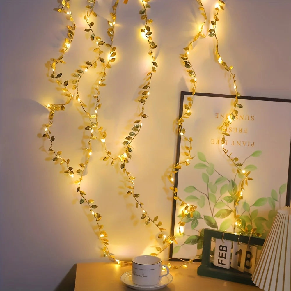 1PC 2M 20LED Golden Tiny Leaves Fairy Light Battery Powerd Led Copper Wire String Lights For Wedding Home Party DIY Xmas Decor