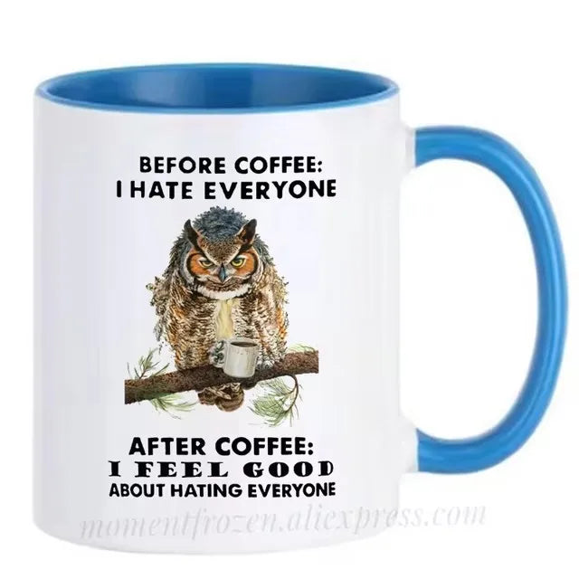Funny Owl Cups Office Coworker Coffee Mugs Friends Gift Ceramic Beer Drinkware Nature Animal Lover Tea Caffeine Cocoa Coffeeware