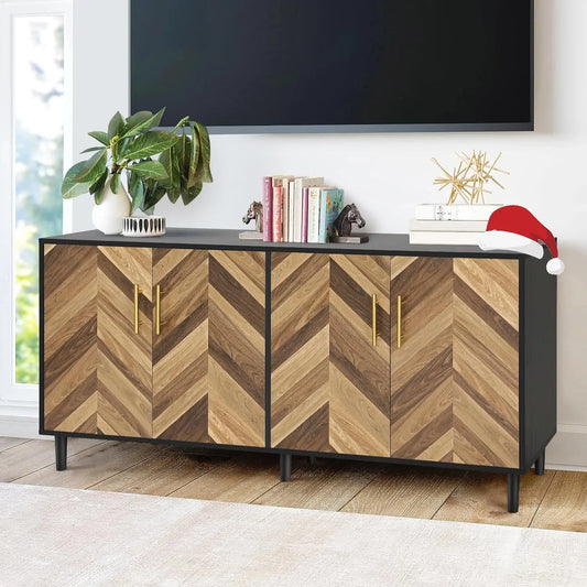 Modern Sideboard Buffet Cabinet 58" with 4 Doors, Long Coffee Bar Credenza Storage Cabinet with Adjustable Shelves, Console Tabl