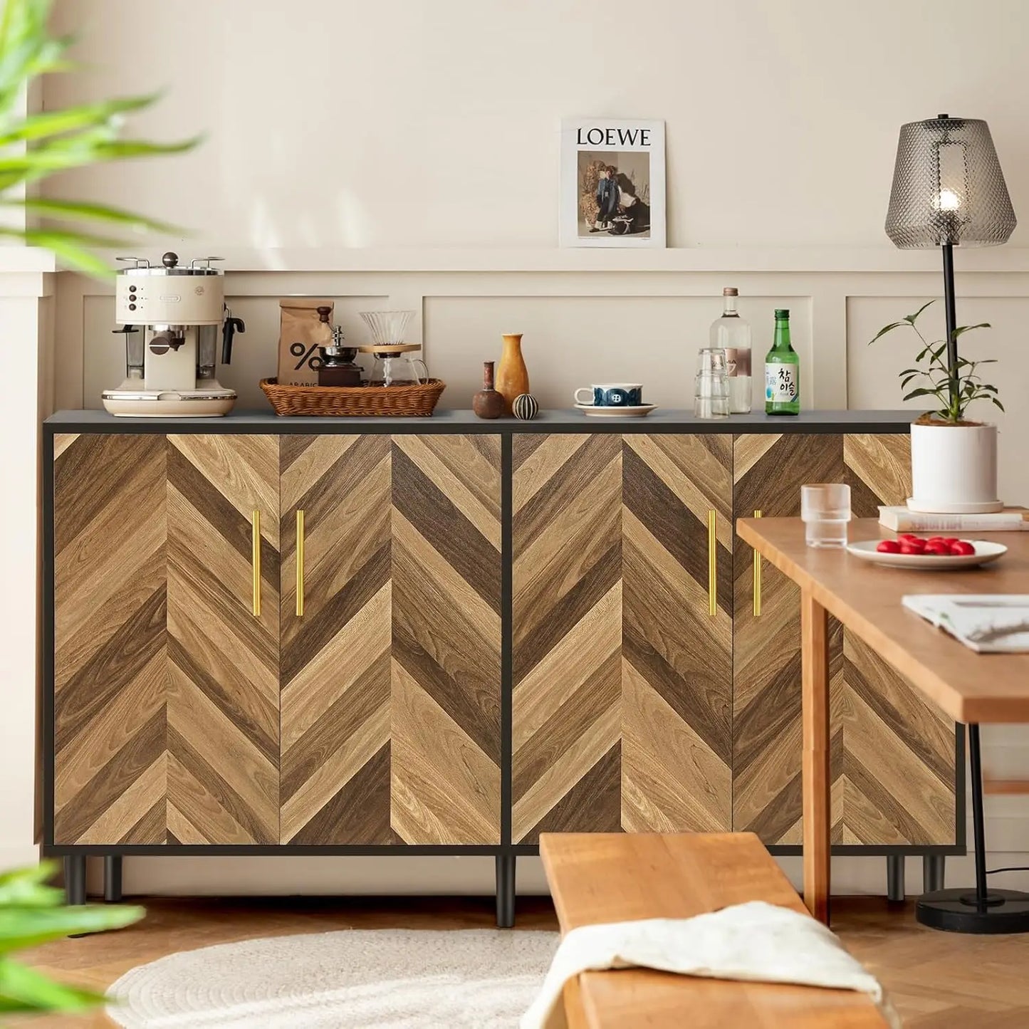 Modern Sideboard Buffet Cabinet 58" with 4 Doors, Long Coffee Bar Credenza Storage Cabinet with Adjustable Shelves, Console Tabl